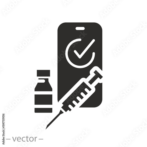 vaccination certificate against with check mark, vaccine passport on phone icon, medical card or passport for travel in time pandemic, flat symbol on white background