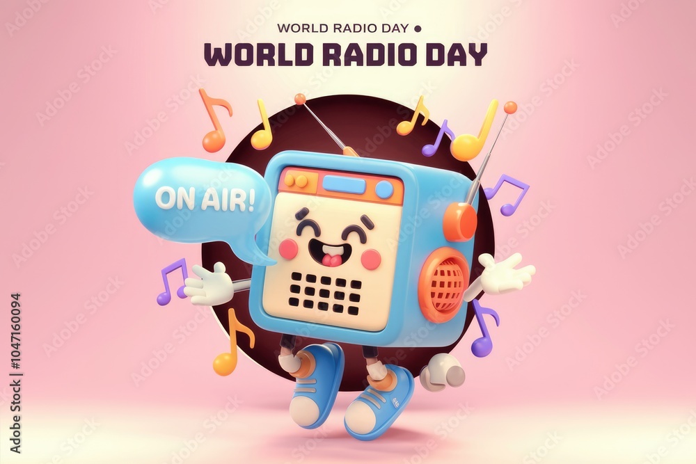 A cartoon radio celebrates World Radio Day with music notes. A cartoon radio celebrates World Radio Day with music notes.