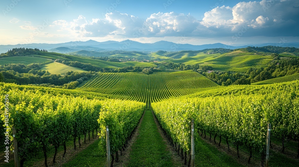 Naklejka premium Lush vineyard landscape with rolling hills and mountains under a blue sky.