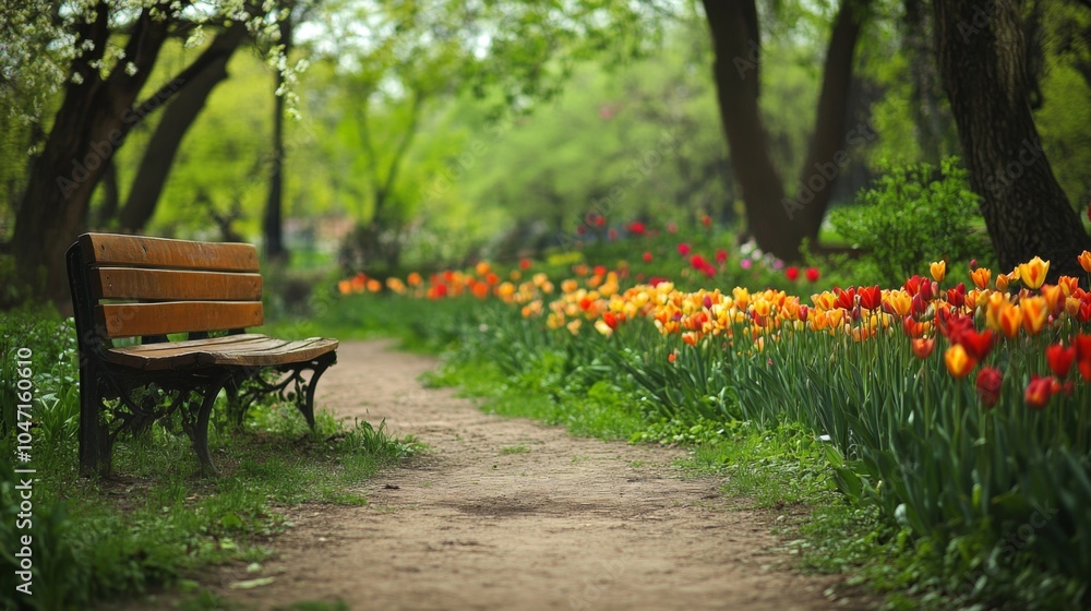Wooden Bench in a Garden Path with Spring Flowers Wooden Bench in a Garden Path with Spring Flowers