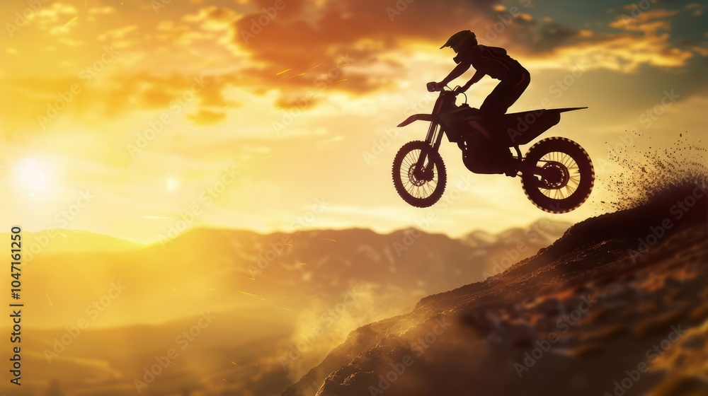 Silhouette of a Motocross Rider Jumping Over a Mountain Ridge at Sunset Silhouette of a Motocross Rider Jumping Over a Mountain Ridge at Sunset