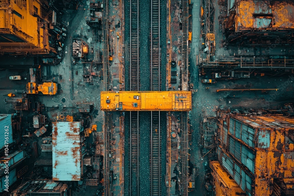 Aerial View of an Industrial Complex with Train Tracks and Rusty Buildings Aerial View of an Industrial Complex with Train Tracks and Rusty Buildings