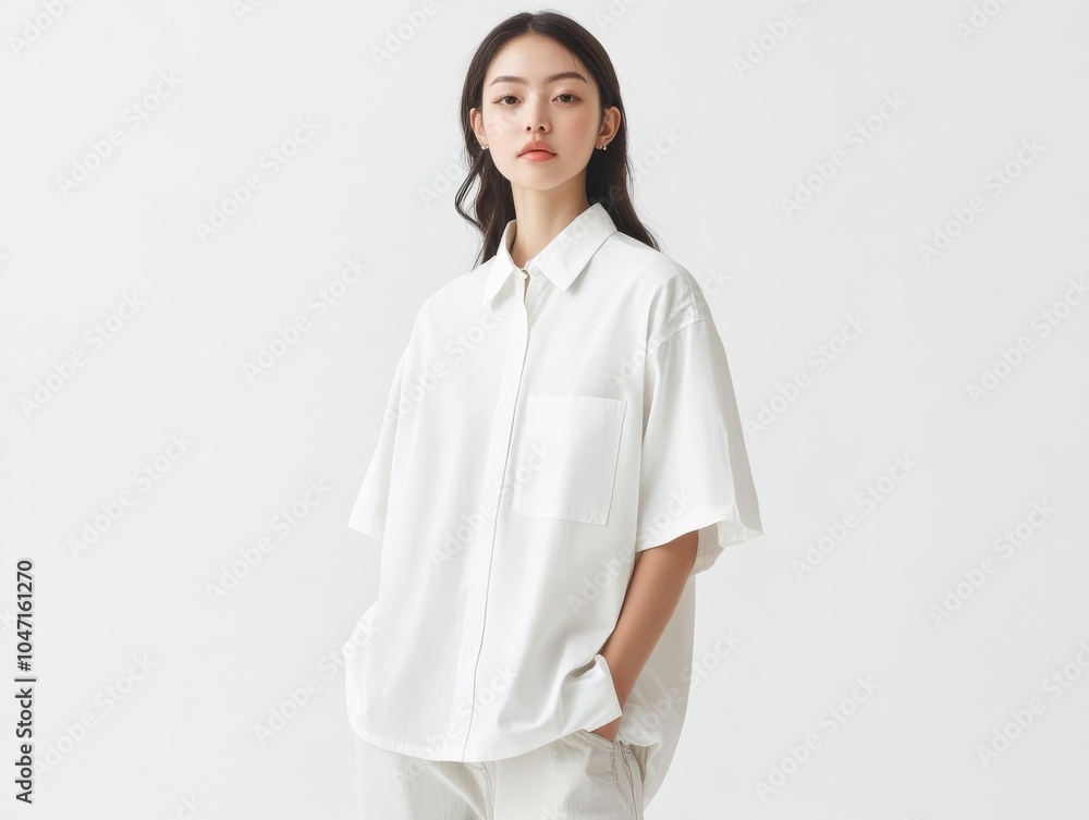 Female model wearing blank oversized shirt, front and back views, simple white background, Blank oversized shirt mockup, Women's fashion lookbook Female model wearing blank oversized shirt, front and back views, simple white background, Blank oversized shirt mockup, Women's fashion lookbook