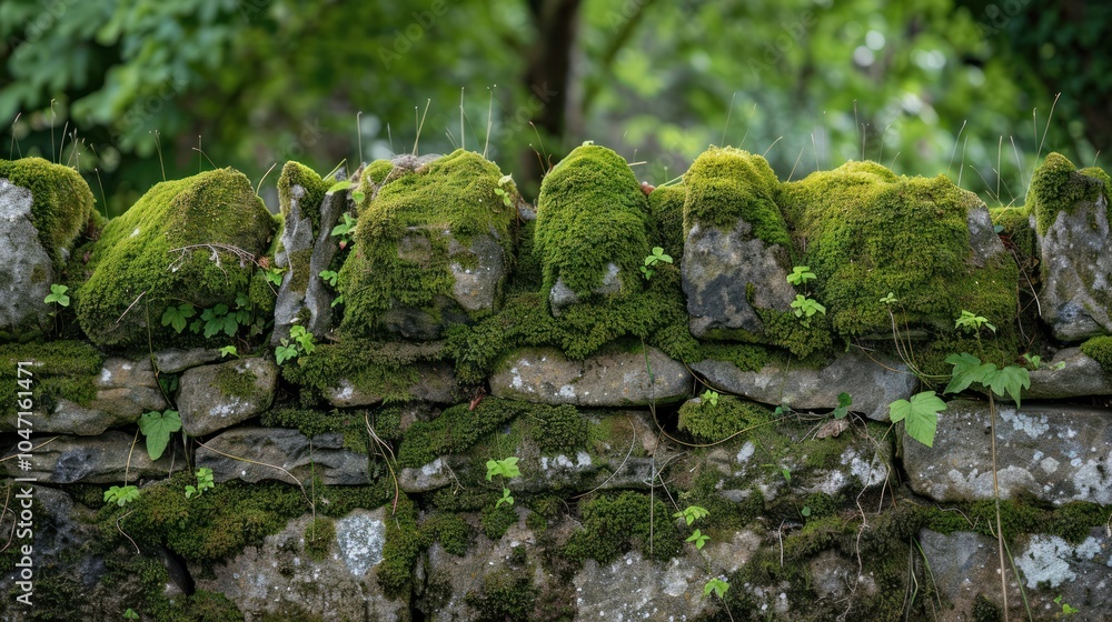 Moss-Covered Stone Wall With Green Foliage Moss-Covered Stone Wall With Green Foliage