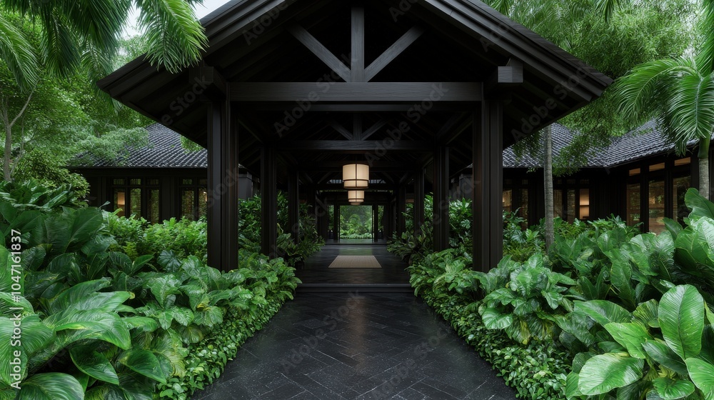 Tropical Resort Entrance with Lush Greenery and Black Wooden Architecture Tropical Resort Entrance with Lush Greenery and Black Wooden Architecture
