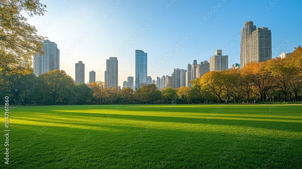 Obraz premium Green Grass Lawn in Front of Modern City Skyline