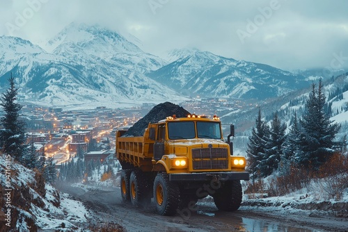 Yellow Dump Truck Driving on a Snowy Mountain Road