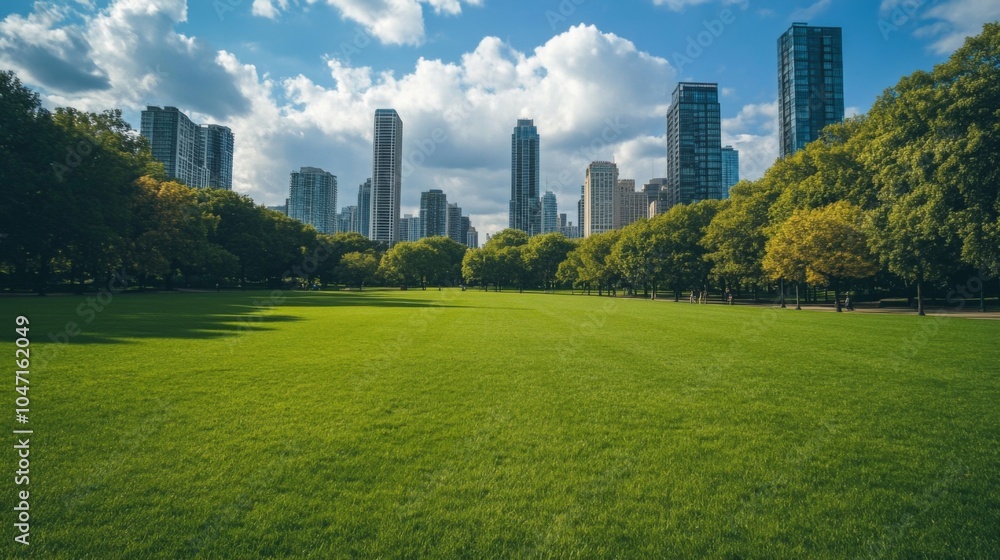 Green Grass Lawn With City Skyline in the Distance Green Grass Lawn With City Skyline in the Distance