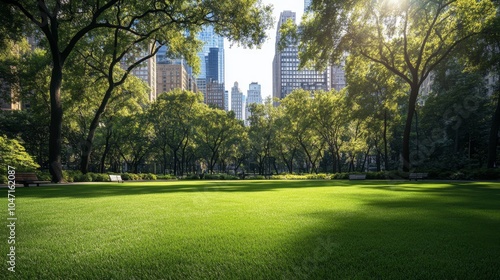 Lush Green Grass Park in Cityscape with Skyscrapers