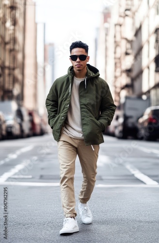 Stylish young man walking down city street in casual outfit