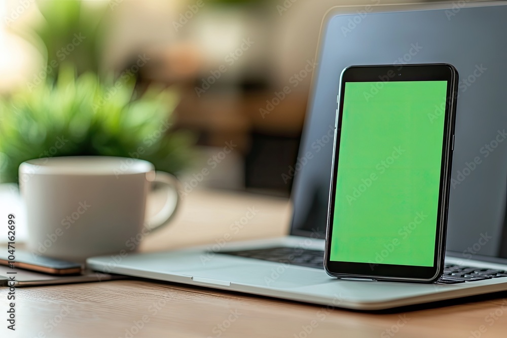Smartphone with green screen on a desk, next to a laptop and coffee cup Smartphone with green screen on a desk, next to a laptop and coffee cup
