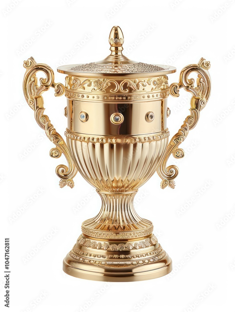 Fototapeta premium Isolated shiny gold trophy on white background, fine details of the base and handles