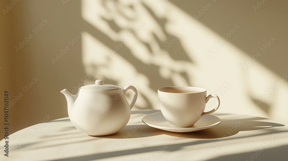 Tea Time with White Cup and Teapot Tea Time with White Cup and Teapot