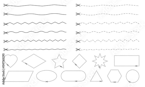 Collection of dotted lines and shapes with scissors for kids to practice cutting skills, perfect for preschool or kindergarten activities. Editable stroke.