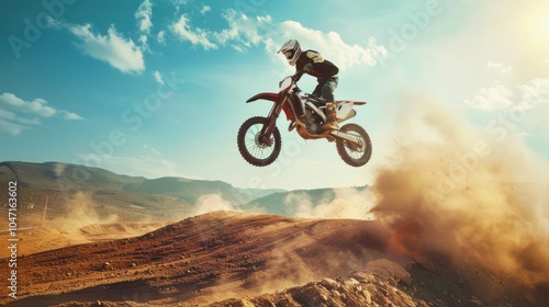 Motocross Rider Soaring Through the Air, Leaving a Dust Cloud