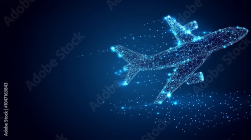 Abstract Airplane Shape Formed by Network of Blue Shining Dots and Lines on Dark Blue Background