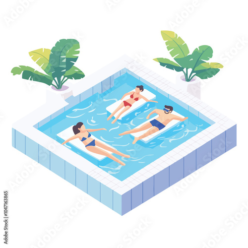 Diverse Group of People Characters Enjoying Swimming in a Public Pool
