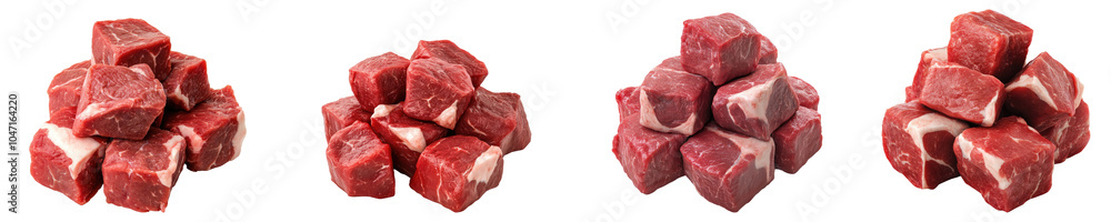 Cubes of raw beef meat displayed on a white background, showcasing the texture and color of fresh meat for culinary presentation. Cubes of raw beef meat displayed on a white background, showcasing the texture and color of fresh meat for culinary presentation.