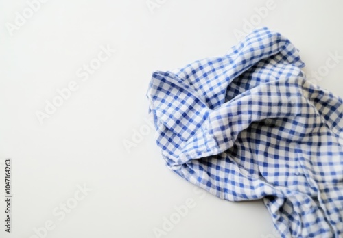 Crumpled blue and white checkered cloth on a plain background