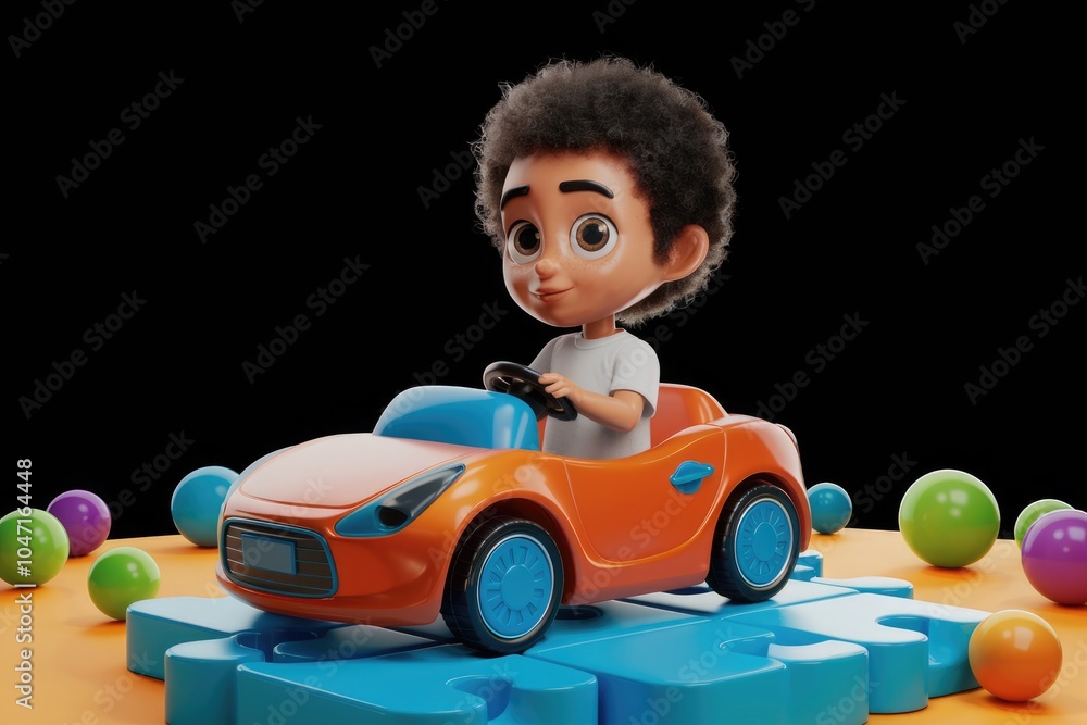 A 3D rendered cartoon boy with afro hair driving a toy car. A 3D rendered cartoon boy with afro hair driving a toy car.
