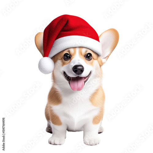 Joyful Pembroke Welsh Corgi puppy wearing a festive red Santa hat, exuding playful charm and holiday spirit, perfect for seasonal celebrations photo