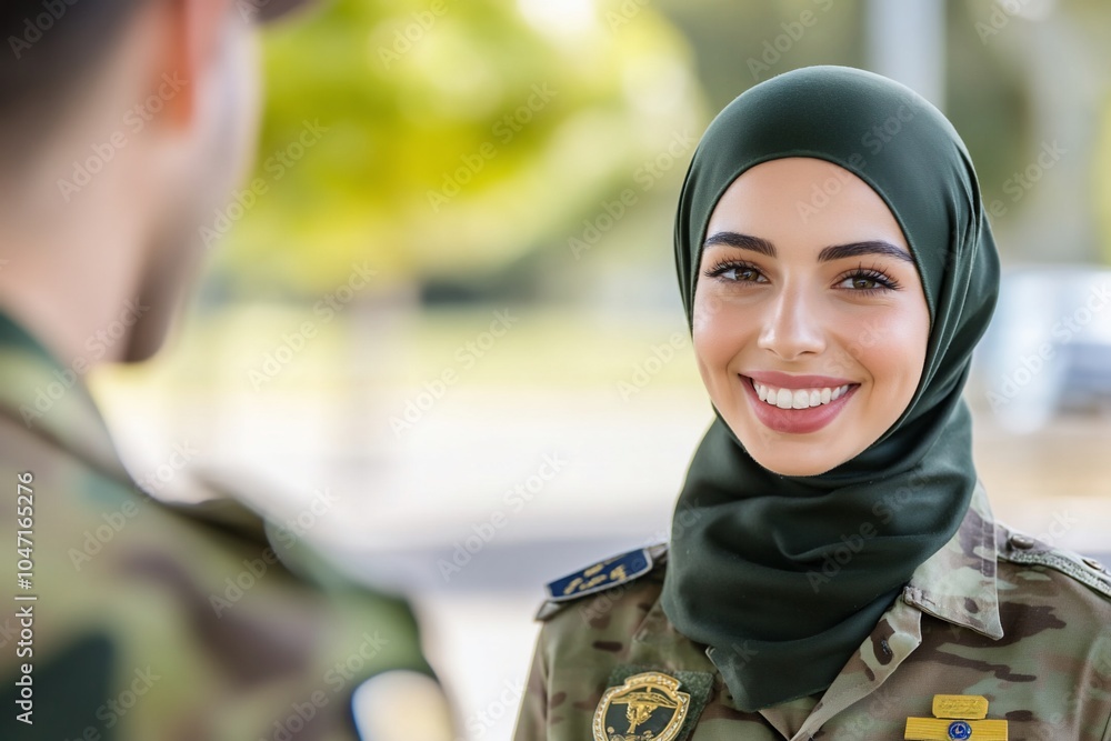 A smiling woman in military attire engages in conversation outdoors. A smiling woman in military attire engages in conversation outdoors.