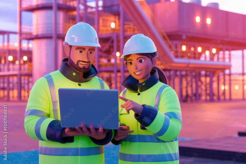 Two construction workers in safety gear review plans on a laptop. Two construction workers in safety gear review plans on a laptop.