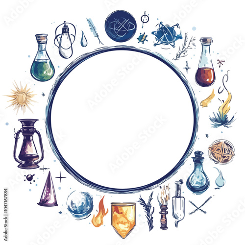 Round Frame with Alchemical Magic Signs Vector Illustration