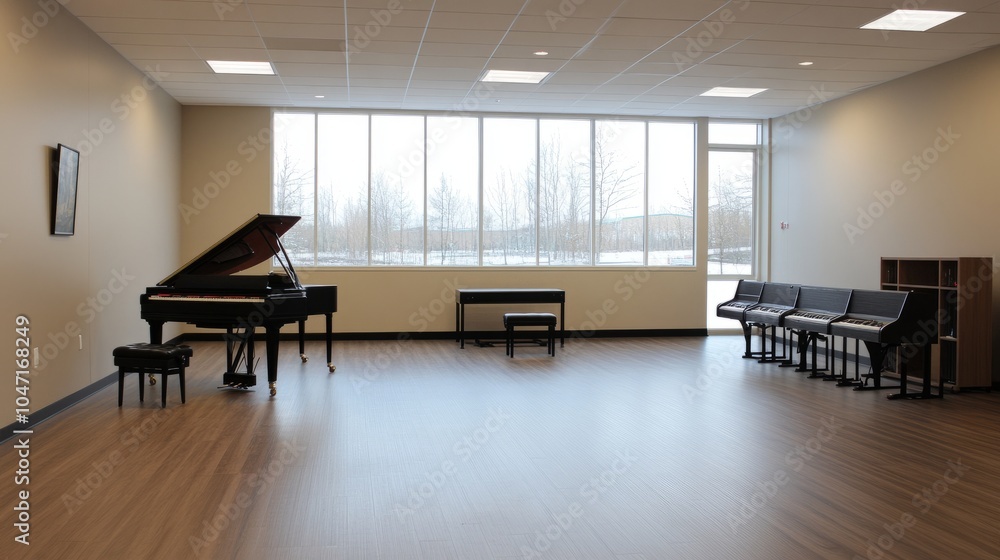 A spacious music practice room with large windows, digital instruments, and relaxing seating, providing excellent facilities for musicians. A spacious music practice room with large windows, digital instruments, and relaxing seating, providing excellent facilities for musicians.