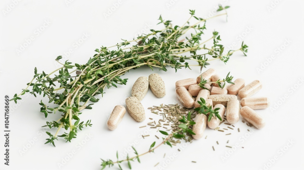 Fototapeta premium Herbal Supplements with Thyme Sprigs on White Background