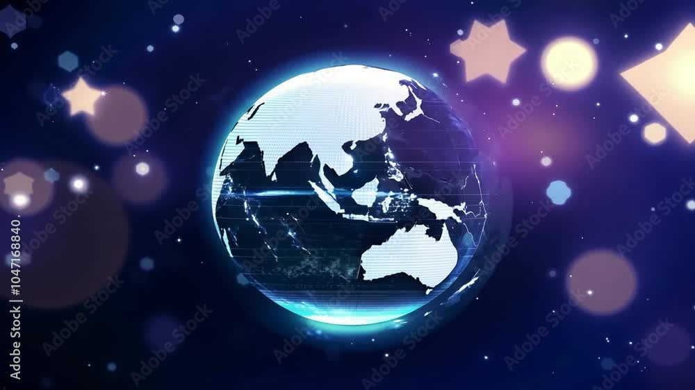 Earth rotates in space, surrounded by stars and abstract, blurry shapes, creating a mesmerizing cosmic scene Earth rotates in space, surrounded by stars and abstract, blurry shapes, creating a mesmerizing cosmic scene