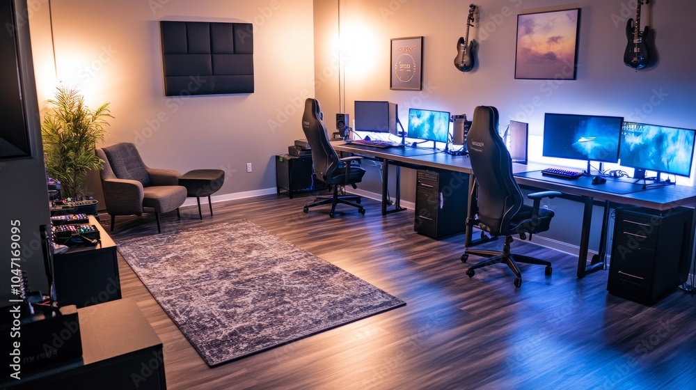 A well-equipped music studio with state-of-the-art audio gear, soft lighting, and ergonomic seating to foster a relaxed practice vibe. A well-equipped music studio with state-of-the-art audio gear, soft lighting, and ergonomic seating to foster a relaxed practice vibe.