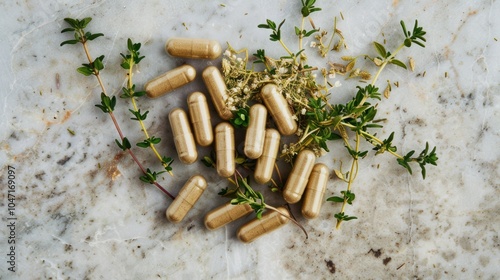 Herbal Supplements with Thyme and Dried Flowers on Marble photo