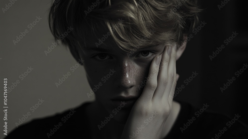 Close-up Portrait of a Young Man with Blonde Hair, Freckles, and a Pensive Expression Close-up Portrait of a Young Man with Blonde Hair, Freckles, and a Pensive Expression