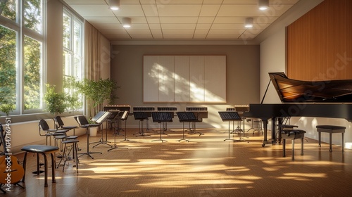 Quadro em tela A well-lit music practice room with soundproof walls, ample instruments, and ergonomic seating, fostering a great environment for musicians