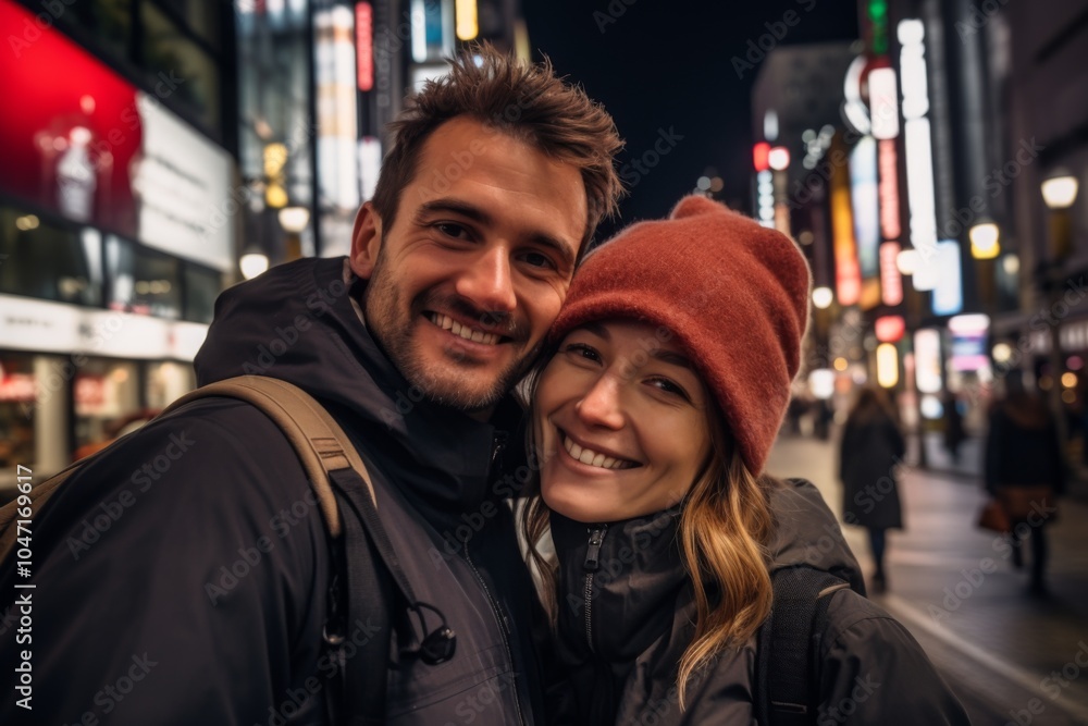 Close up of a young American couple taking selfie while walking in times square Close up of a young American couple taking selfie while walking in times square