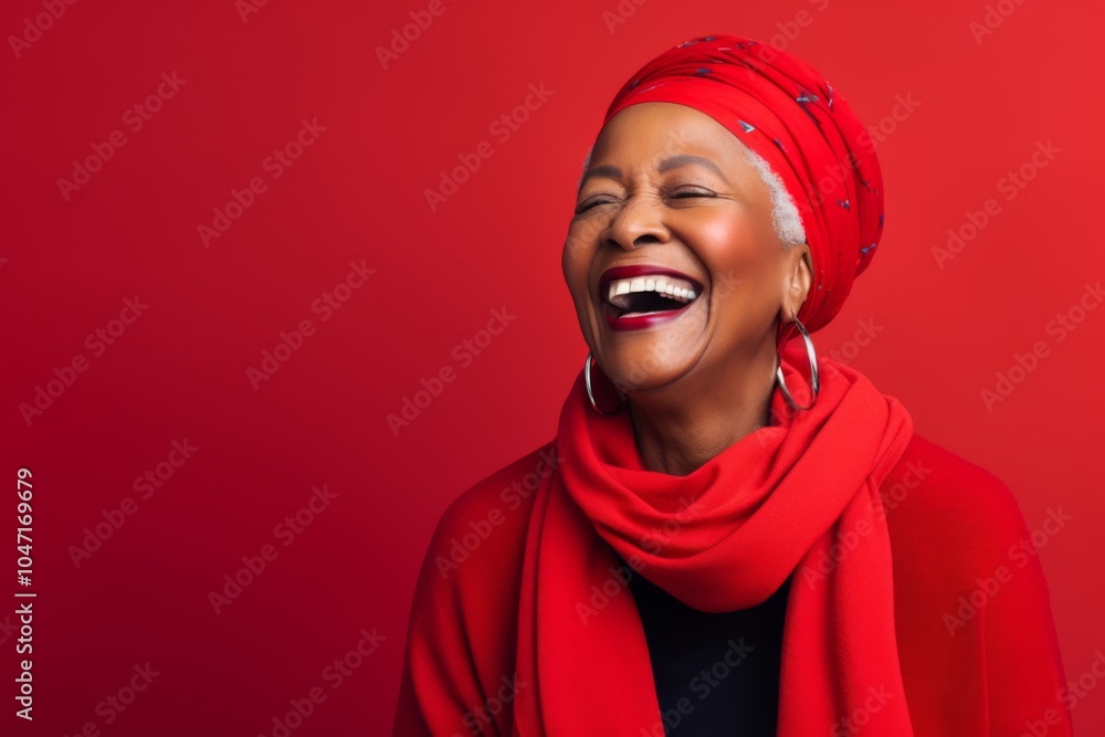 Stylish elderly woman laughing in bold red outfit with matching glasses and background Stylish elderly woman laughing in bold red outfit with matching glasses and background