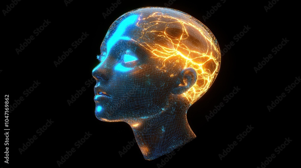Obraz premium Side view of a humanoid head with blue and yellow eyes and vibrant neon neural network, representing futuristic technology and artificial intelligence. Generative AI