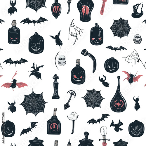 Spooky Halloween Seamless Pattern with Vampire and Witchcraft Elements