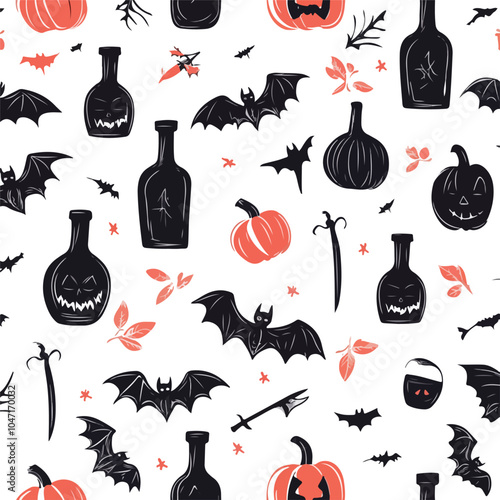 Spooky Halloween Seamless Pattern with Vampire and Witchcraft Elements