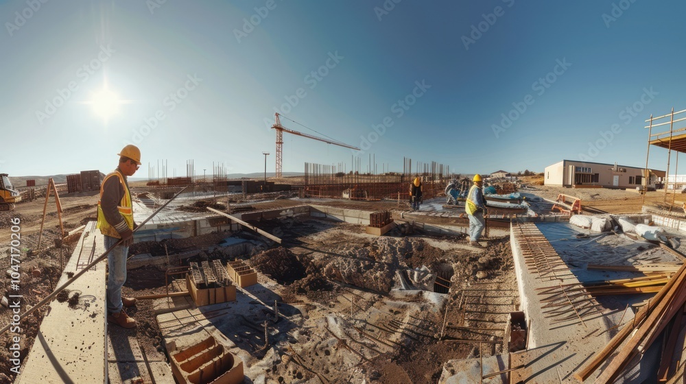 Fototapeta premium Construction Workers at a Building Site with a Crane in the Background