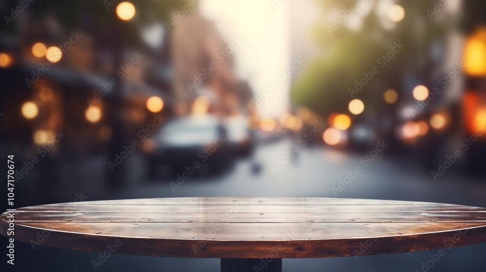 Obraz premium Wooden Table Top with Blurred City Lights Background