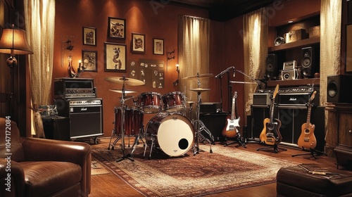 Practice room with drums, guitars, and recording tools, paired with a cozy atmosphere for focused and creative sessions.
