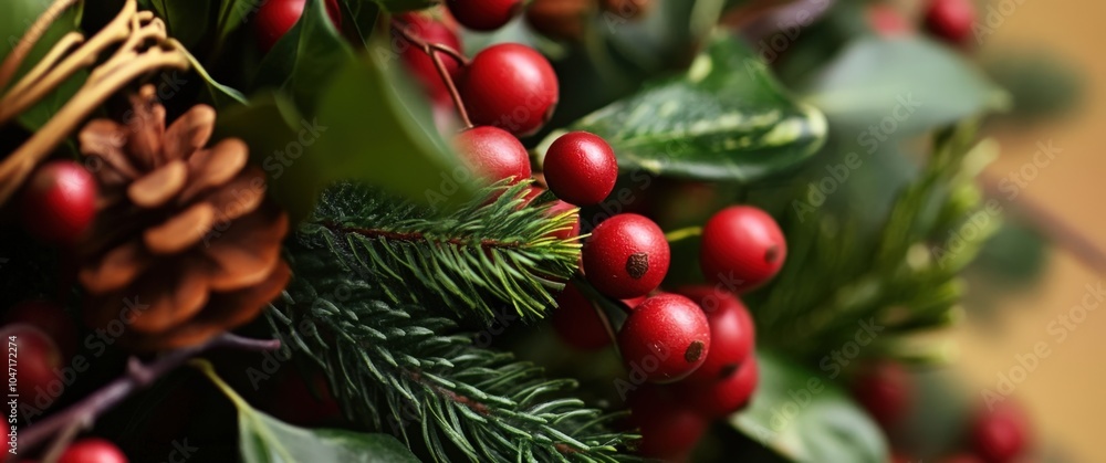 Fototapeta premium Festive red berries and pine branches