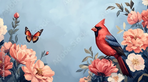 Peaceful Garden Scene with Butterfly and Cardinal Bird