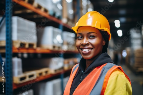 Smiling portrait of a young woman working in factory