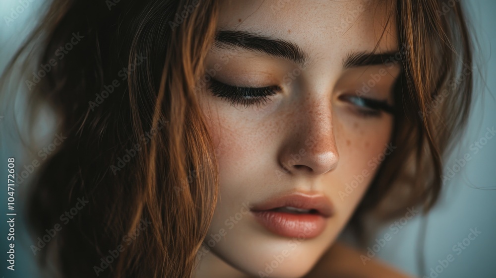 Close-up Portrait of a Young Woman with Freckles and Brown Hair Close-up Portrait of a Young Woman with Freckles and Brown Hair