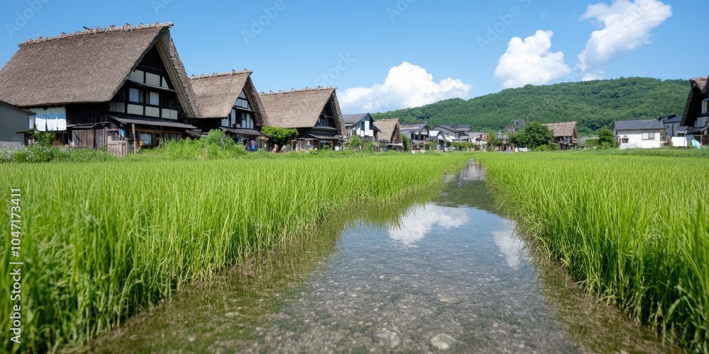 Fototapeta premium Japanese Village Landscape with Rice Paddy Field and Stream
