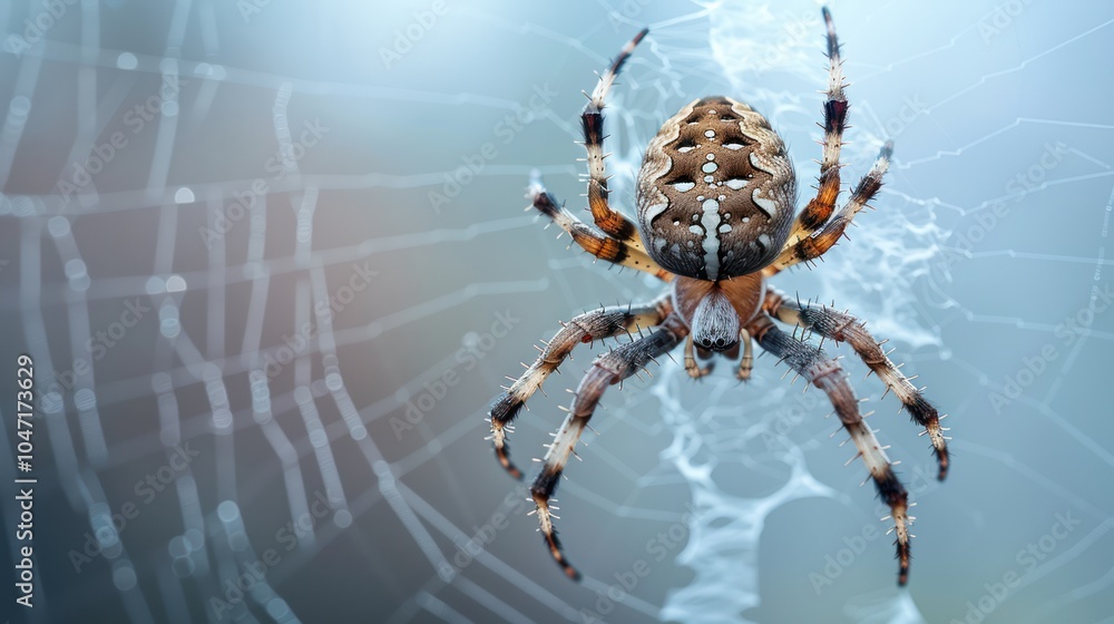 Fototapeta premium Isolated spooky spider hanging from a web on a white background