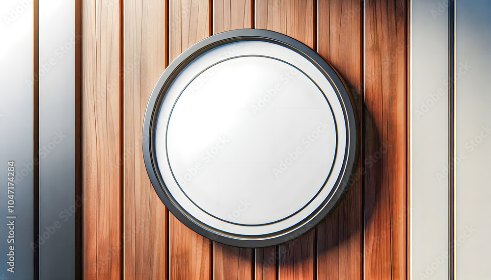 circular frame with a white background, attached to a wood panel wall, and a small light-colored strip on the right, ideal for displaying text or images. circular frame with a white background, attached to a wood panel wall, and a small light-colored strip on the right, ideal for displaying text or images.